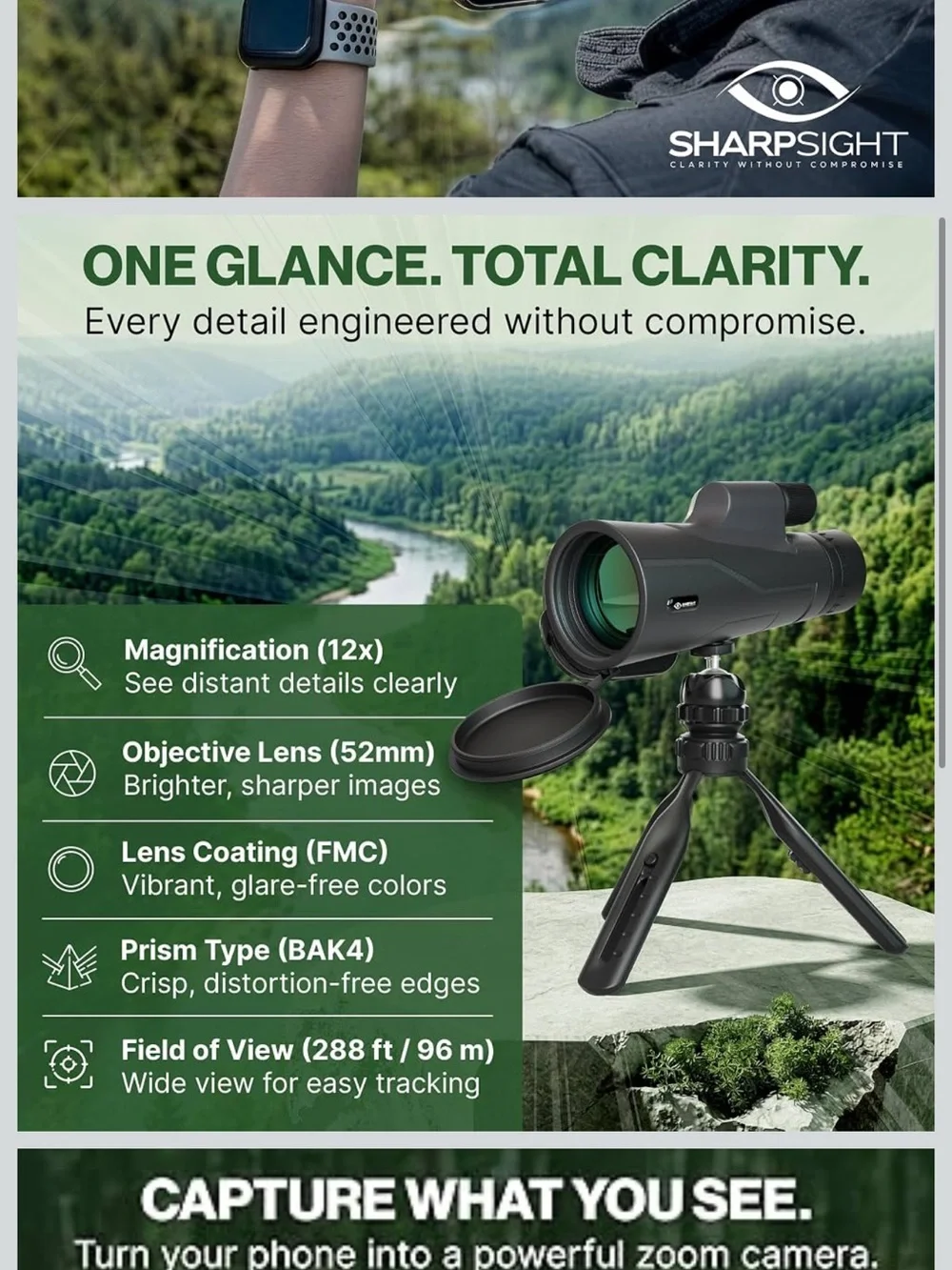 NEW SharpSight 12x50 HD Monocular Telescope BAK-4 Prism Bird Watching Hiking